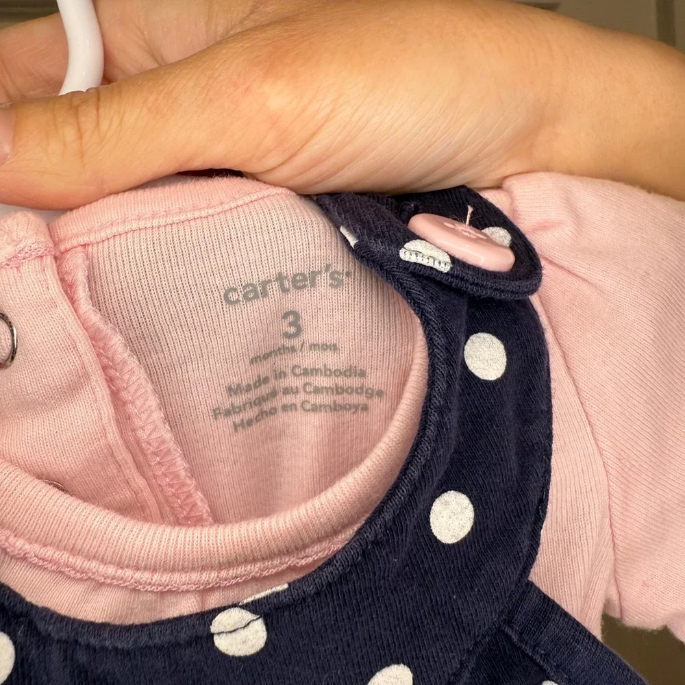 Carter's‎ Baby Girls White Polka Dot Dress W/ Long Sleeve Onesie Size 3 Months